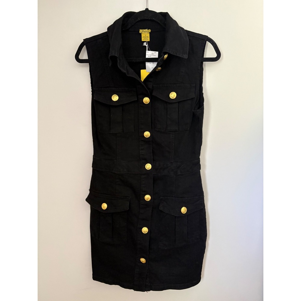 Daisy Black Denim Sleeveless Utility Mini Dress Gold Crest Buttons Size M Safari